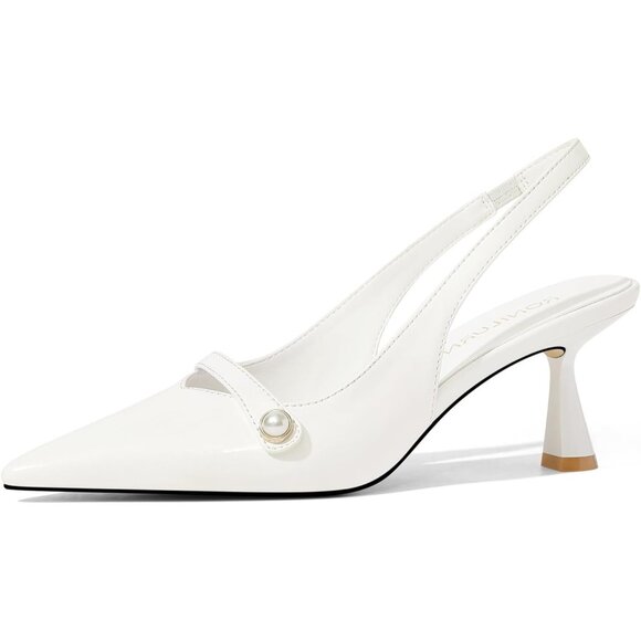 🆕 Women White Polyurethane Kitten Heels Slingback Pearl Pumps - Picture 1 of 8